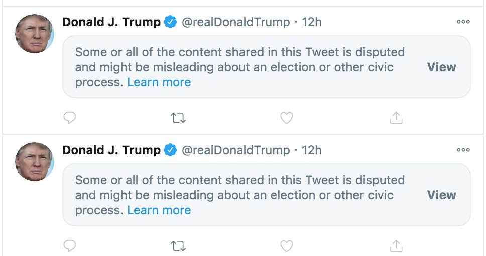 mtracey's tweet photo. The majority of Trump's recent tweets are currently censored. I don't care how misleading or even false they are. That's not for Twitter to arbitrate. People cheering this power-grab by unelected tech officials are authoritarian dupes https://t.co/ctSJbaJ5RC