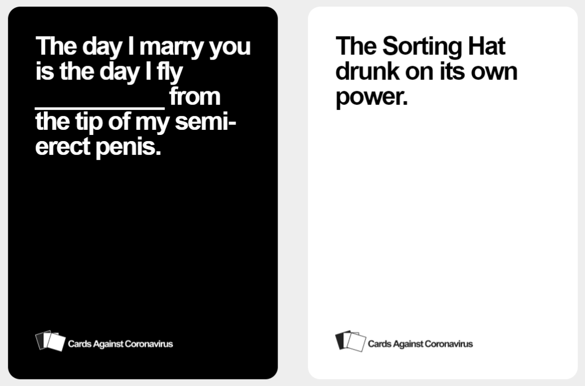 cardsagainstcv's tweet photo. The first weekend of #Lockdown2 is nigh, but we're still here for all your #CardsAgainstHumanity needs. Have you tried mixing up #CardsAgainstMuggles with the standard expansion decks yet? Play online for free at https://t.co/zQeVgkhQ6C #stayconnected #staydepraved #staysane https://t.co/z69msw6nLj