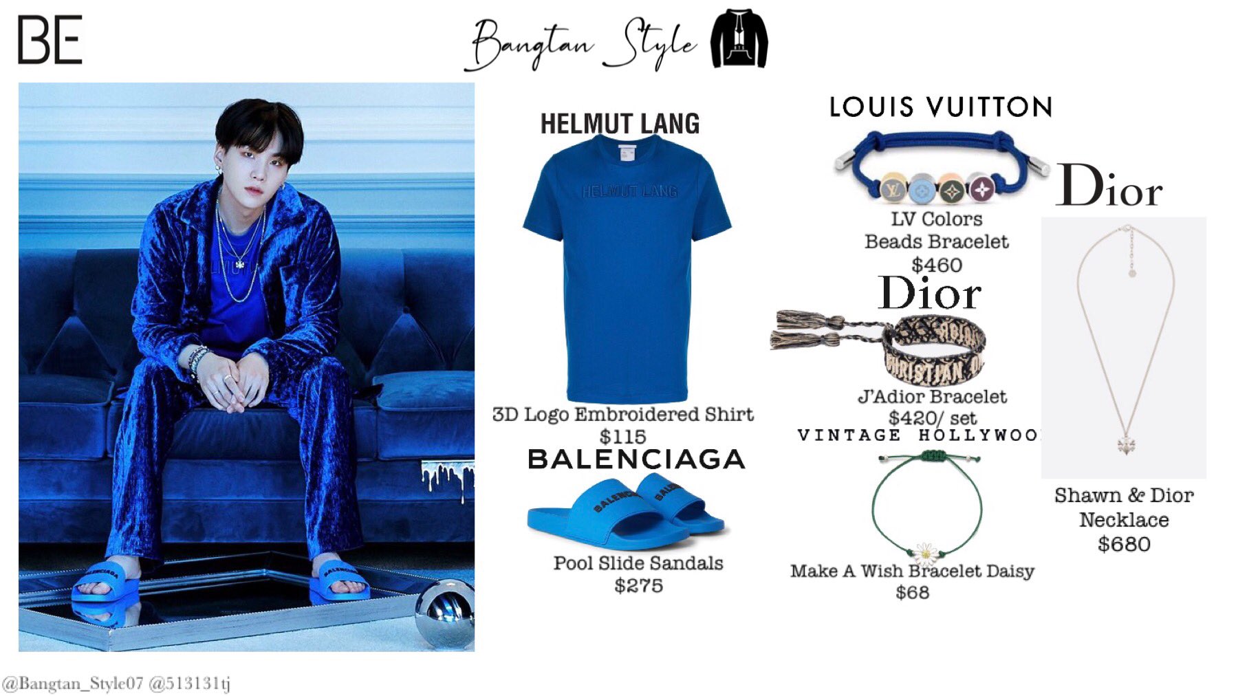 Bangtan Style⁷ (slow) on X: BTS BE CONCEPT PHOTO Yoongi wears Helmut Lang  Shirt ($115), BALENCIAGA sandals ($275), LOUIS VUITTON bracelet($460),  Vintage Hollywood Bracelet ($68), Dior Bracelet ($420/set) & necklace  ($680). #Curated_by_BTS #
