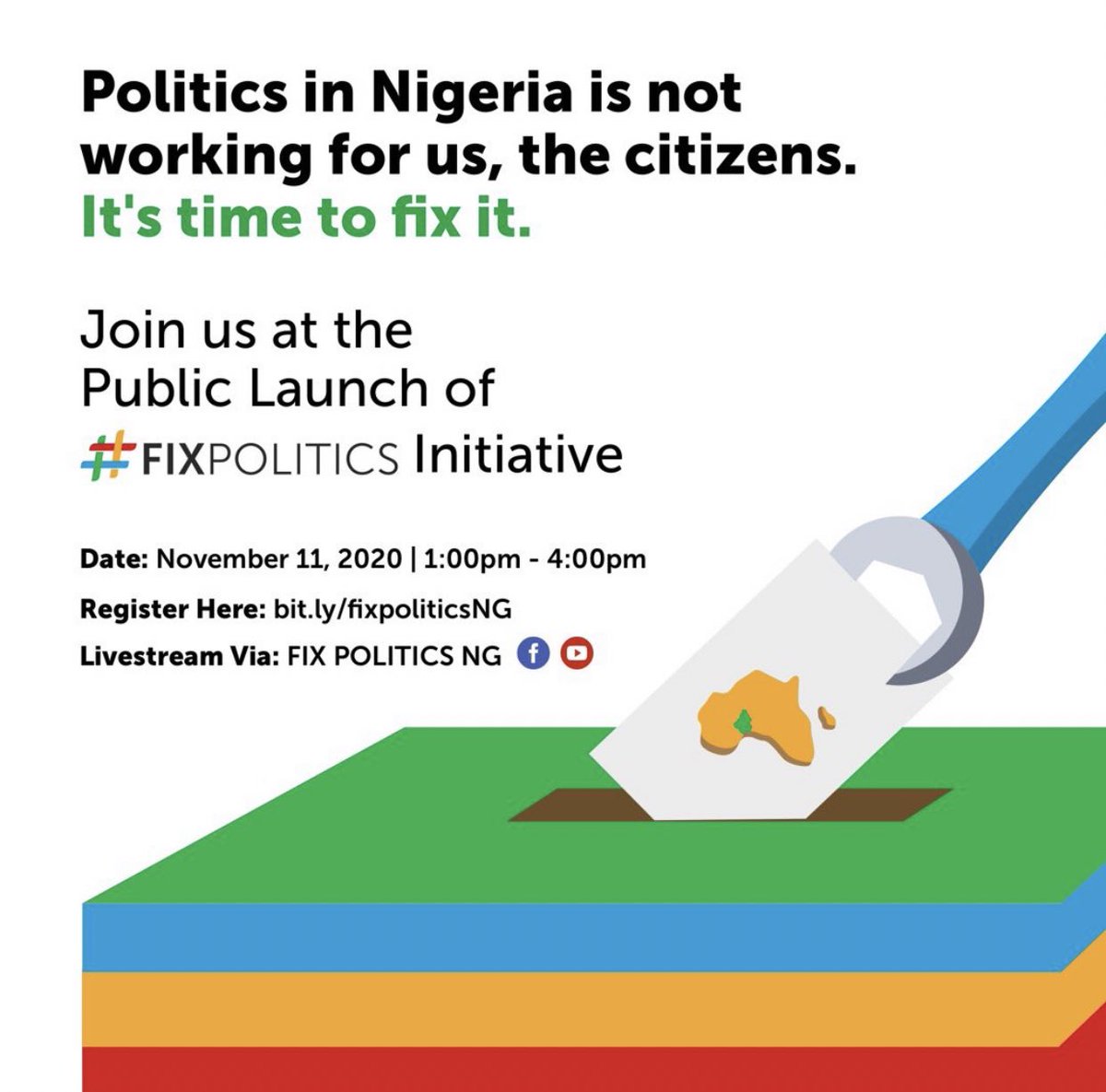 KayodeAkintemi's tweet photo. On 11.11.2020, a new dawn breaks as #FixPoliticsNG launches as a platform to Empower Nigerian Electorates, train young, competent people with character and competence to emerge as new breed of leaders and lobby for reformation of institutions that manage politics. Pls RT 🙏🏽🙏🏽👏🏽 https://t.co/AiIUg3eeA6