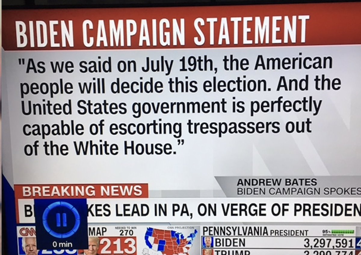 prodnose's tweet photo. Biden campaign response to Trump's claim he will not concede or quit is brilliant and dry as a bone. https://t.co/RFwP4o1CIV