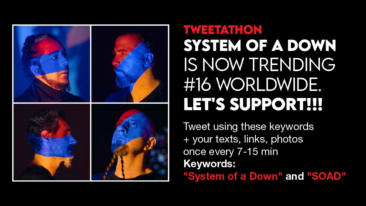 ArsHarutyunyan's tweet photo. @systemofadown  is now trending worldwide #16 on Twitter․ Tweet using keywords: "System of a Down" and "SOAD". Let's tweet in every 7-15 min. Tweet!!! Tweet and Tweet!!!
#StopErdogan #RecognizeArstakh https://t.co/sYBmWFlBy5