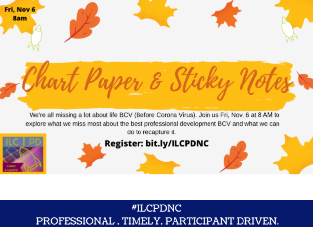 AngieHCPSDL's tweet photo. Great session, Chart Paper & Sticky Notes, with @braveneutrino, @MolleeBranden, & @techguybeneck on recapturing the things we love most about PD BCV (before covid). I felt like I was with my people! Thank you, guys for a real pick-me-up this morning. #ILCPDNC https://t.co/CJhxDdUXja