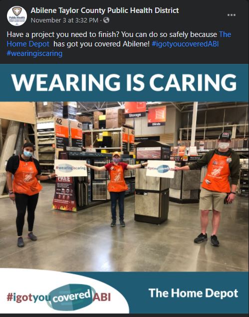 Taking care of our people is a Core Value of ours: it means protecting our associates and customers with proper mask wearing, social distancing, and sanitation. Cc: <a href="/AbileneHealth/">Abilene Health Dept</a> #HDStrong #igotyoucoveredABI