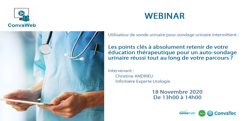 acteursdesante's tweet photo. #Webinar Le #sondageurinaireintermittent, une solution pour améliorer la qualité de vie des #patients avec Christine Andrieu #Infirmière @ConvatecUro &amp; @acteursdesante Rdz-vs le 18/11 13h/14h > https://t.co/kSIhSJpLOV #ETP #uro #neuro #Convaweb #SEP  #handicap #gentlecathmeplus https://t.co/WSNC14KuBa