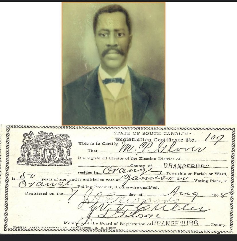 orbgkid's tweet photo. My great grandfather Moses Proffit Glover was the first Know registered voter in my family.  He earned his teaching certificate when then Claflin College and SC State Agricultural and Mechanical College were one school.  We follow his example.@SCSTATE1896 @ClaflinUniv1869 https://t.co/vtjW7cX5NH