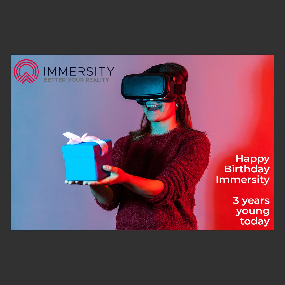 Today Immersity is 3 years young! 

Thanks to everyone who have supported us during this time - onwards and upwards.

DM us so we can help you rapid deploy subscription based VR solutions.

#betteryourreality #vr #virtualreality #VRStudio #VRProduction x.com/messages/compo…