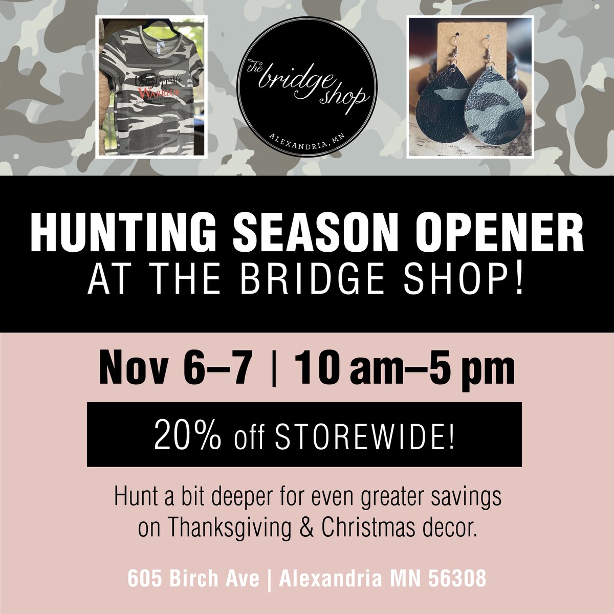 mnbtg's tweet photo. Join us for Hunters Weekend at The Bridge Shop!

- Nov. 6-7 (10 am-5 pm)
- 20% OFF Storewide!
- Hunt for hidden "bargain targets" 
- Inside Christmas Ornaments--Fill a bag for $5 (exclusions apply)
- 100% Net profits toward missions &amp; anti-human trafficking efforts! https://t.co/sZx2S8ZjIV