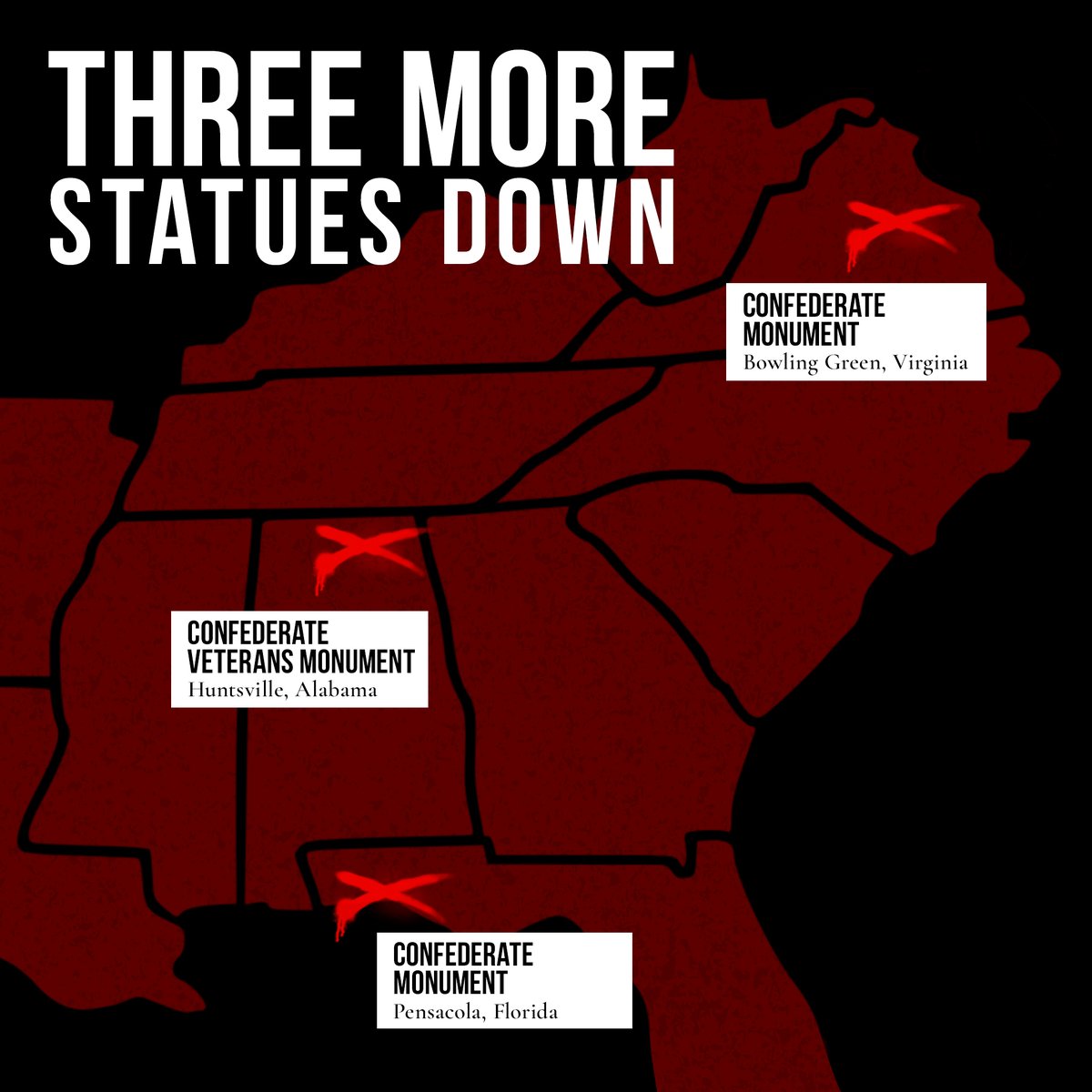 invisiblehate_'s tweet photo. Three less Confederate monuments standing. And we aren’t finished yet. Visit https://t.co/Rt83d9OXFO to keep lobbying representatives until all of them come down. https://t.co/1jW8aUfnwZ