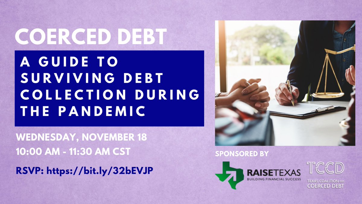 #COVID19 has caused financial hardship for many Texans. Join us Nov. 18 for a webinar on surviving debt collection now &amp; later. Topics: credit reporting, coerced debt, lawful &amp; unlawful collection practices, debt collection lawsuits &amp; bankruptcy. bit.ly/32bEVJP