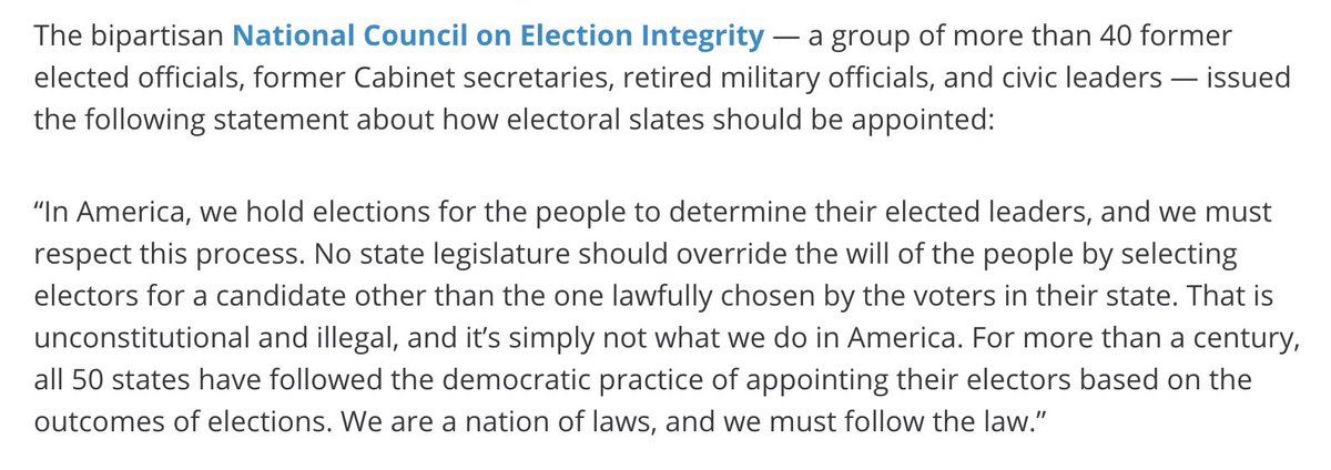 CountEveryVote1's tweet image. In America, we hold elections for the people to determine their elected leaders, and we must respect this process. No state legislature should override the will of the people.

New statement from the bipartisan National Council on Election Integrity: 
counteveryvote.org/statement-bipa…