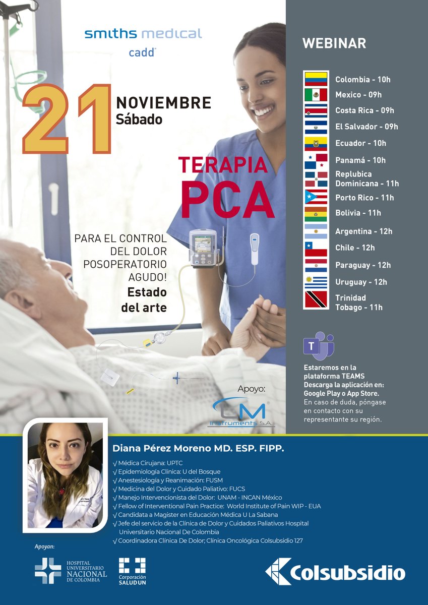 HospitalUNAL's tweet photo. El próximo 21 de Nov, la Dra. Diana Pérez Moreno nuestra jefe del servicio de Clínica del dolor y cuidados paliativos dictará la charla " Terapia PCA para el control del dolor agudo post operatorio; estado del arte" Participa a través de TEAMS 👉https://t.co/IyQ7I3YR8R https://t.co/082X7Oq6CP