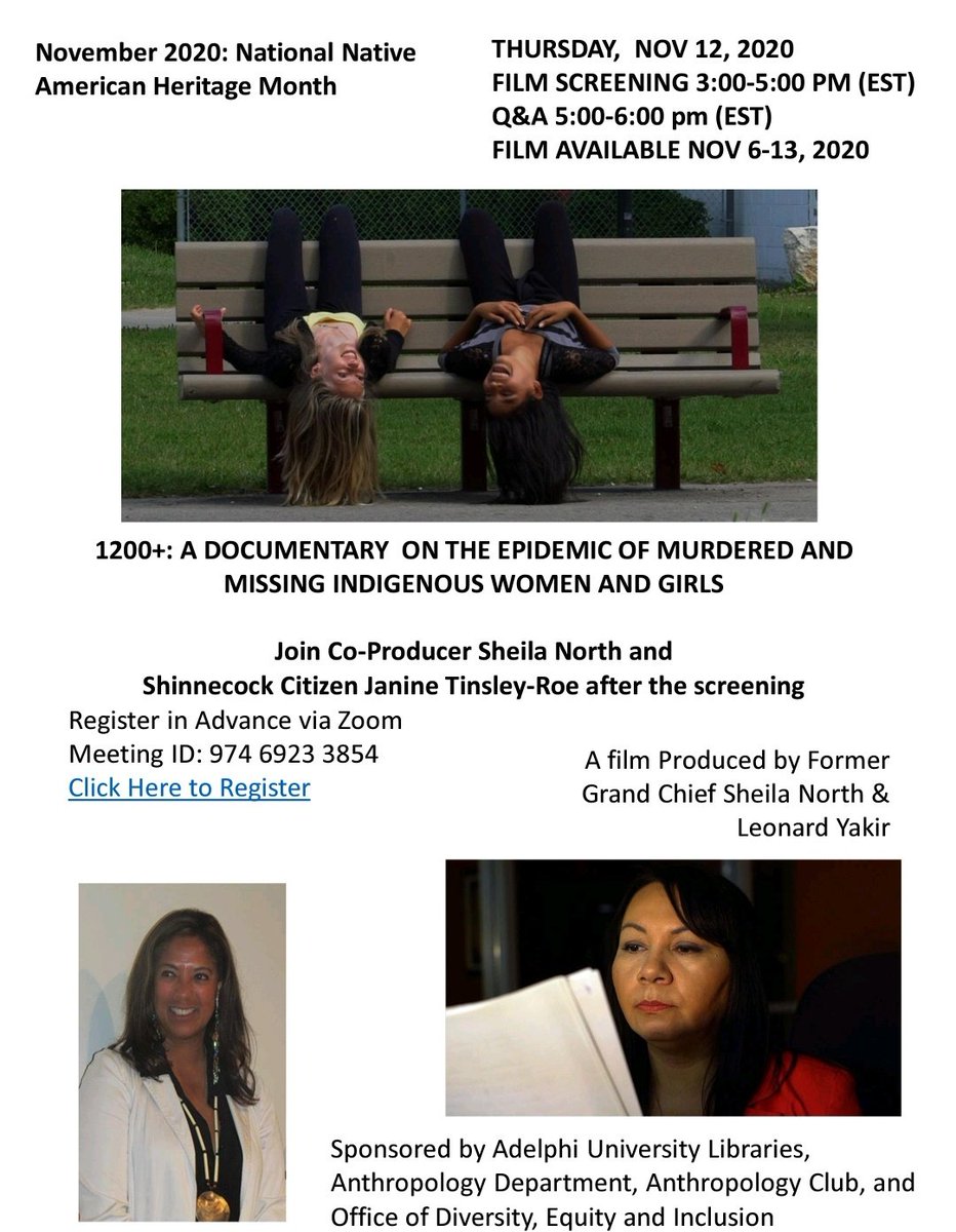 TheSheilaNorth's tweet photo. In other American news and in support of #NationalNativeAmericanHeritage Month: Nov 2020, I'm pleased to join virtually, Adelphi University in New York Thur Nov12,20 for our #MMIW film screening/QnA of #1200Plus (1200+) Together, we can stop the long standing pandemic of #MMIW https://t.co/1X3lrUvbNR