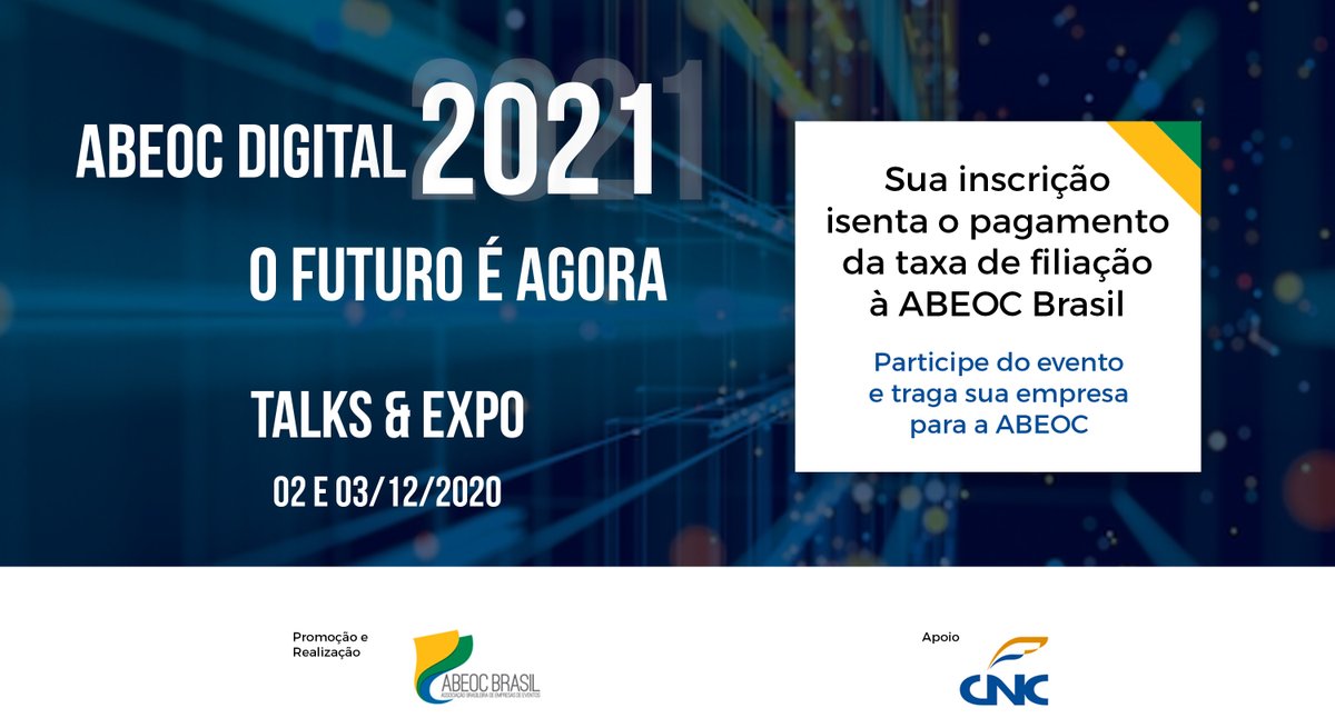 abeocbrasil's tweet photo. Já fez a sua inscrição no TALKS & EXPO ABEOC DIGITAL 2021: o futuro é agora? Corra lá no https://t.co/GbjoGTQ8Dq!
Inscreva-se no evento e ganhe isenção na taxa de filiação à ABEOC Brasil. #abeocdigital #eventodigital #eventos #promocao #respiramosevento #abeocbrasil https://t.co/S10aP8EyJC