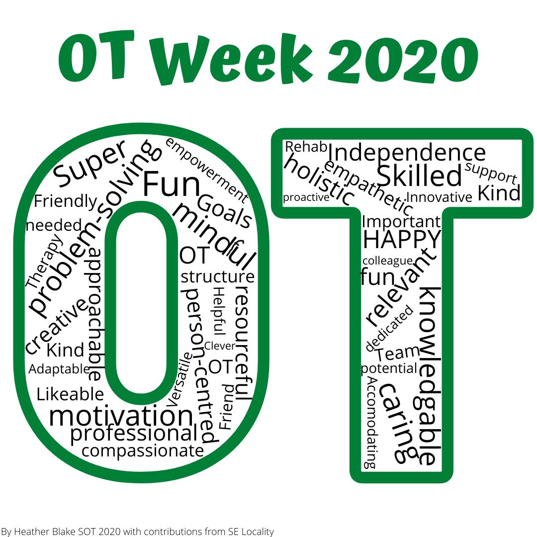 Thanks to our fabulous staff in South East Locality for taking part in #OTweek2020 I asked for 3 words that come to mind when they think of OT, & I used my OT Creativity to produce the poster below 🙌 
@AnnaDuff10 @JudithproctorCO @EdinburghHSCP @theRCOT @NikkiConwayHSCP