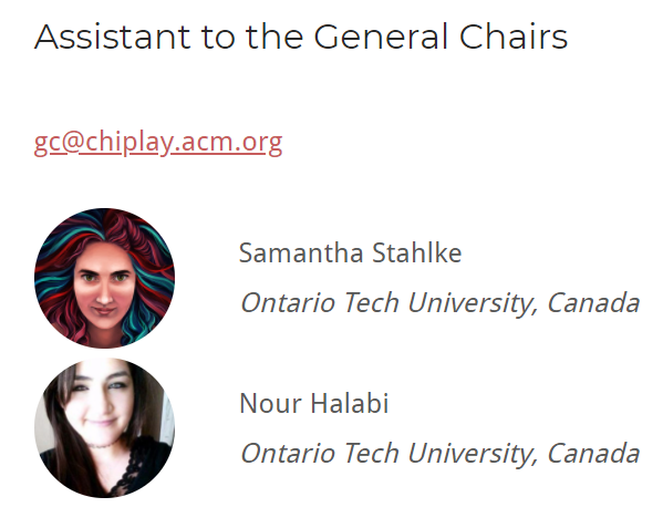 acmchiplay's tweet photo. Thank you to the #CHIPLAY2020 Assistants to the General Chairs! Samantha Stahlke @samanthastahlke &amp; Noor Halabi @_NourHalabi https://t.co/23WTO114iN
