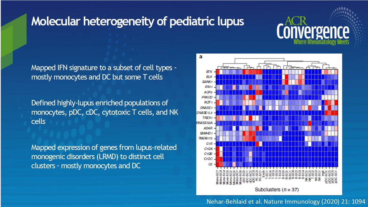 Molecular heterogeneity of pediatric  #SLE https://www.nature.com/articles/s41590-020-0743-0Single-cell RNA-seq of PBMC, n=33Mapped IFN signature to subset of cellsExpansion of enriched populations with high disease activity #ACR20  #ACRambassador