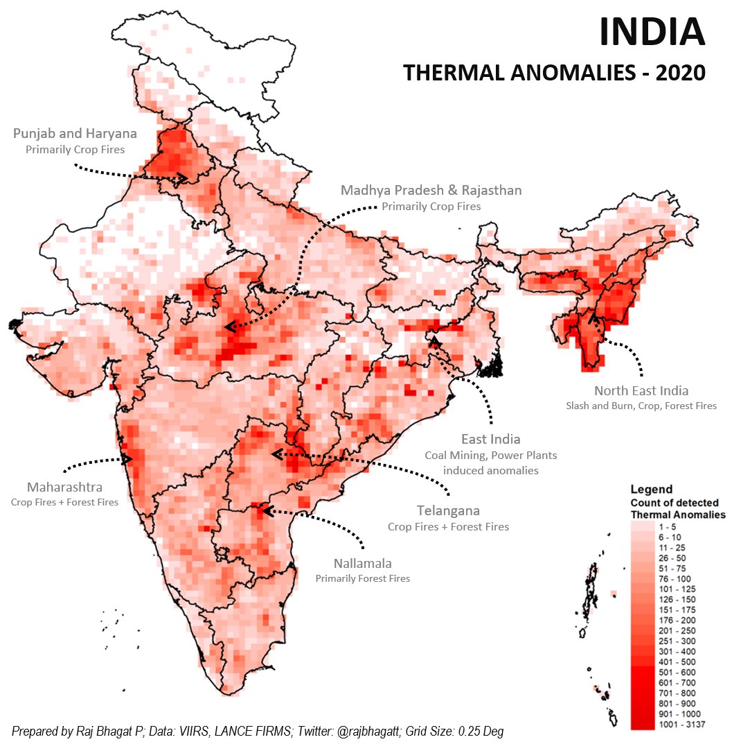  #30DayMapChallenge Map 5: Red #Map shows thermal anomalies detected over India in 2020. Includes various causes such as Crop fires, Forest fires, power plants, and even landfill fires. Remember - 2 more months to go.MadhyaPradesh is one of the leaders but hardly gets noticed