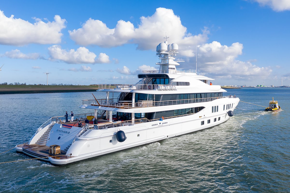 Dutchyachting's tweet photo. The 74m/ 242ft #Synthesis (ex #LE24205) left #DamenYachting for #DamenShiprepair last Wednesday. Photos by @maritimephoto. https://t.co/voq7MjBAEM
