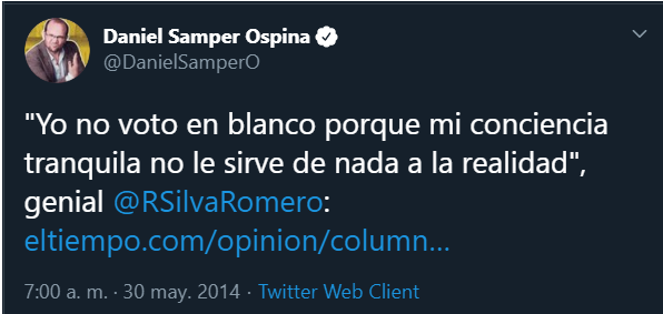 ManualEsceptico's tweet photo. @DanielSamperO ¿Otra vez usted, pusilánime?

"El voto en blanco solo es bueno cuando le sirve a mi conciencia, si es asi, que se joda el pais, prefiero mantener mi fragil ego" https://t.co/JKW86rFJtz