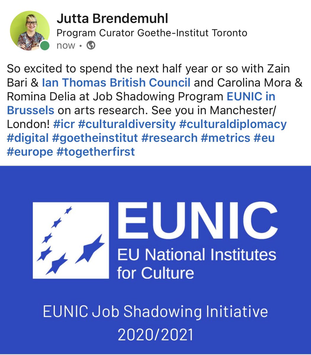 JuttaBrendemuhl's tweet photo. Only good @EUNIC_Global @BritishCouncil @BritishArts news: #artsresearch #jobshadow with European colleagues. We’re just kicking off, can’t wait. 🇪🇺#GoetheforEurope @EU2020DE https://t.co/TJzs8a8xEg