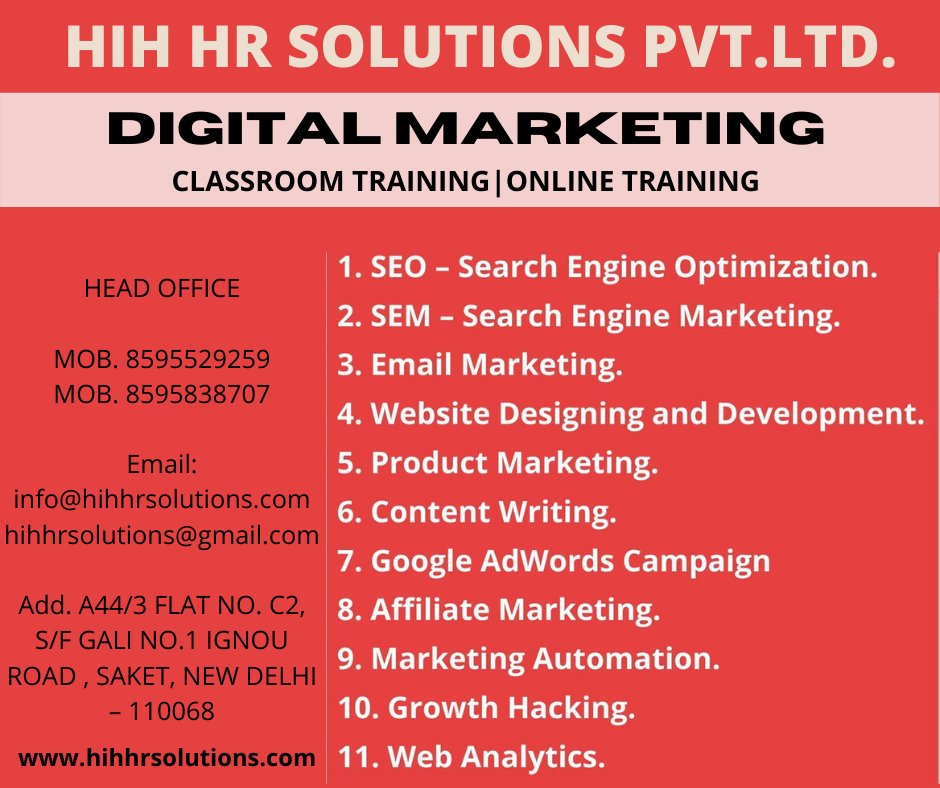 hih_hr's tweet image. Learn Digital Marketing Complete Course at an affordable cost. Join HIH HR Solutions Pvt. Ltd. Today and make your future bright.

Contact @ 8595529259

#digitalmarketingcoaching #seocoaching #seotraining #digitalmarketinginstituteindelhi #emailmarketingcoaching