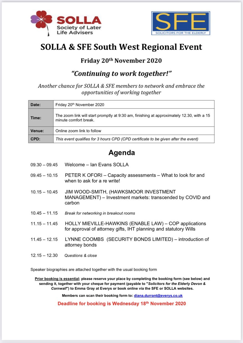 SfeDevon's tweet photo. BOOK NOW: Our D&amp;C @SfeDevon &amp; South West @SOLLAadvice postponed joint event is taking place online on Friday 20 November 2020, booking via the booking form or the #SFE or #SOLLA websites. The event is FREE for members and guests are encouraged #cpd #networking https://t.co/Sr0K6FcCPm