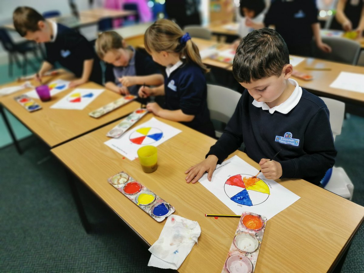 CalderEllisPri's tweet photo. This afternoon we have been busy investigating how to combine primary colours to mix secondary colours. We worked carefully to create colour wheels! https://t.co/Giqe0Im9qY