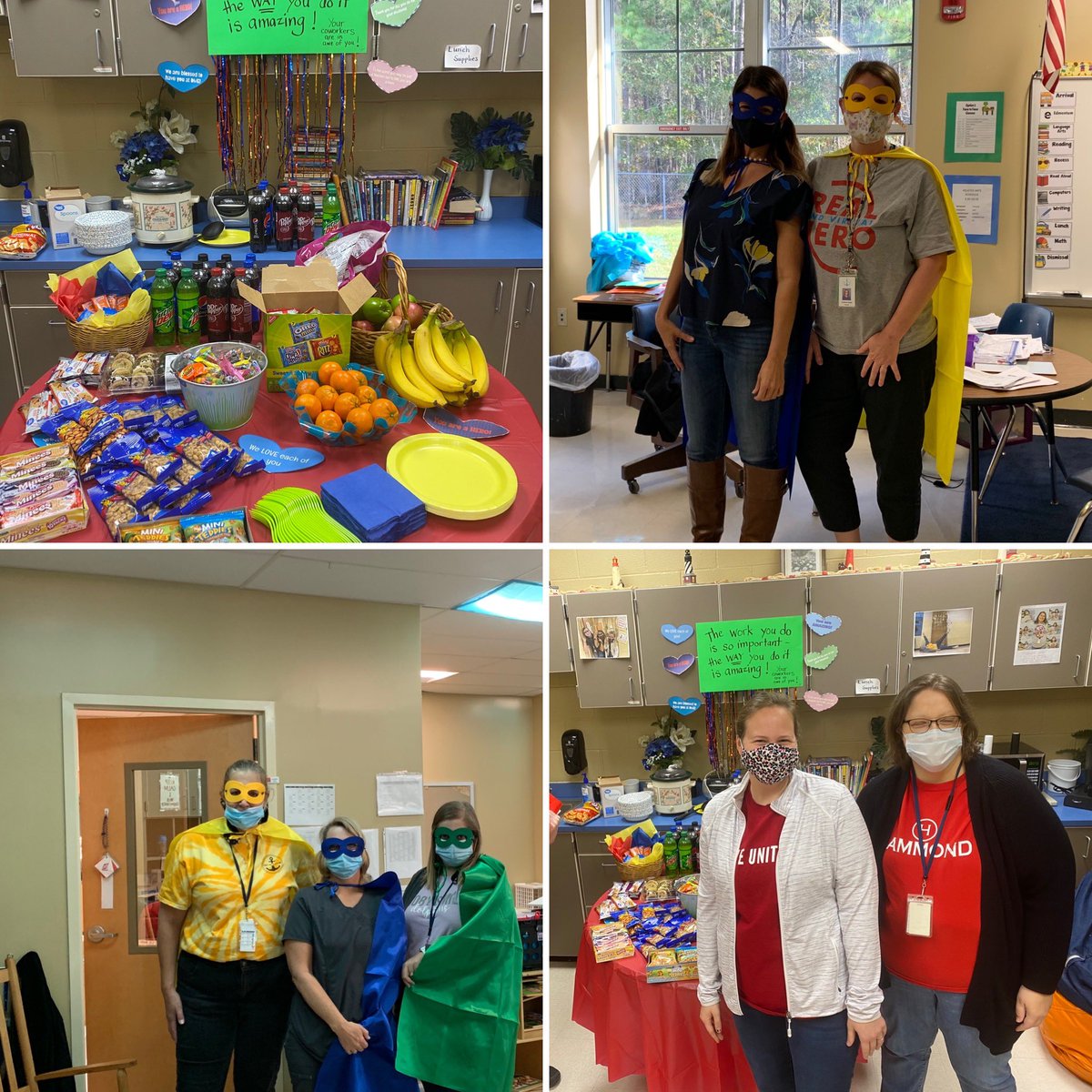 DrHepfner's tweet image. Our teachers take care of one another! The virtual teachers and face to face teachers hosted breakfast for one another last month and today the whole staff honored our Superhero SPED team. Each grade level provided a snack and admin provided the costume (of course!) #dmerocks