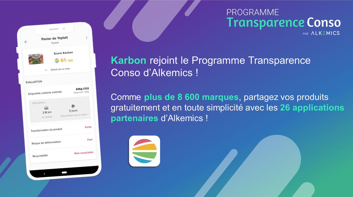 Alkemics's tweet photo. Bienvenue à notre partenaire @karbon_app, qui propose le premier indicateur dédié à l’impact environnemental des produits.
Partagez gratuitement vos informations produit avec Karbon grâce au #ProgrammeTransparenceConso d'@Alkemics!
➡️Plus d'informations: https://t.co/at3gPksOJj https://t.co/uLuOMTwnAw