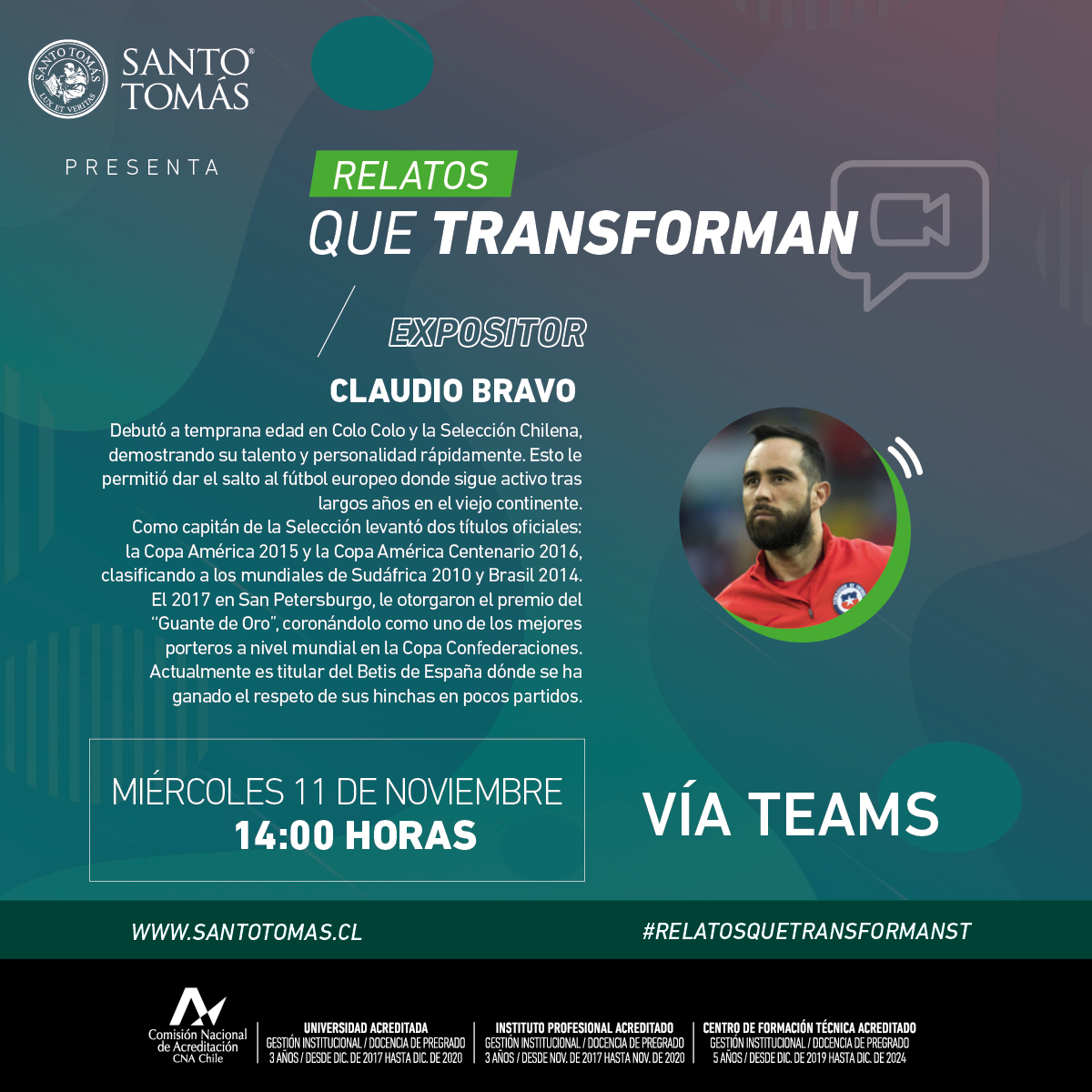 SantoTomas_ST's tweet photo. ¡No te lo pierdas!

Este 11 de noviembre viviremos una nueva sesión de #RelatosQueTransforman, que en esta oportunidad contará con la compañía del portero nacional @C1audioBravo. 

Más info acá https://t.co/ifotMGvemV https://t.co/VjlcwivhQJ