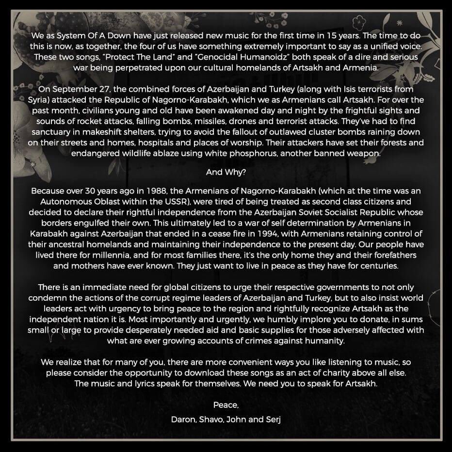 NataT1111's tweet photo. Thank you so much System Of A Down❤️🇦🇲
If you're listening to the new SOAD’s songs, please read the note they made about the songs🙌 Please understand what the songs are about and learn more about the war against Armenia and #Artsakh 👇🏻
https://t.co/0erk9Q6MZc https://t.co/RhDjwdv352