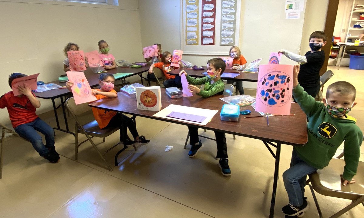 ArtAndMsG's tweet photo. Mrs. Bigg’s #kindergarten #artclass read aloud The Dot by Peter Reynolds today. Then we created our own dots! @jennoevancho @RHLSD_Colts #ColtReadAloud https://t.co/heqpC4fmev