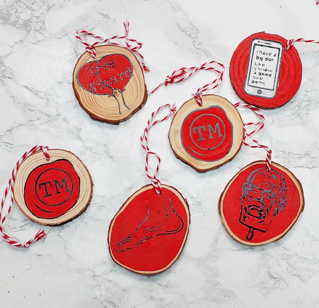 GFCrafts's tweet photo. Like many people at the moment, my business is fecked thanks to Covid, so I'm pretty much just making myself and my friends things that make me smile. These are my current work in progress #baubles #taskmaster #treewizard #cheekytexts #gregtattoo #tmtrophy #alexhorne #gregdavies https://t.co/S1qeqjs3aZ