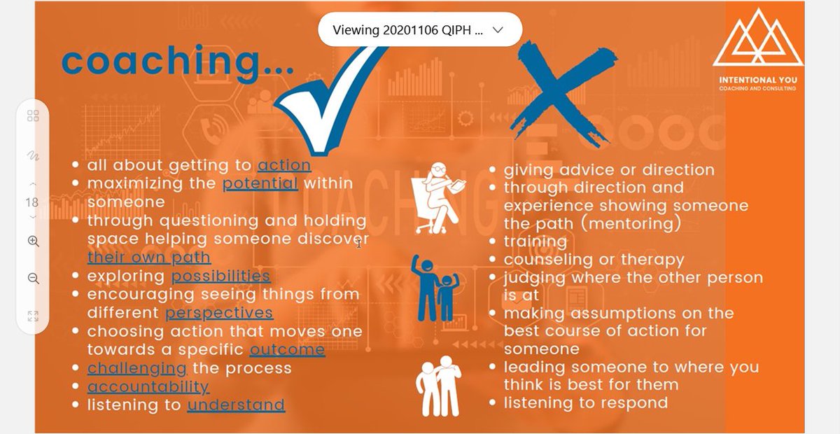 QIPowerHour's tweet photo. There are many models of coaching, but it is important to recognize what coaching is and what it isn't. It is not about giving advice or direction, but holding someone as capable of knowing the direction within themselves.
#QIPowerHour #CoachingConversation @JenEhrmantraut https://t.co/vvz3R7KU9b