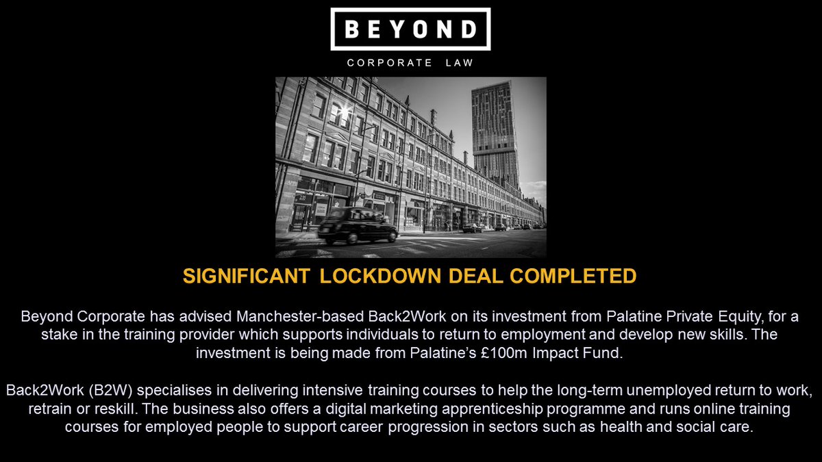 BeyondCorpLaw's tweet photo. Ending the week with a great bit of news as our Corporate Team have completed a significant deal with Back2Work receiving investment from Palantine Private Equity's £100million impact fund. If you would like to know more, then you can contact @shakerluppers 🙌 https://t.co/Bcr4M1kzSK