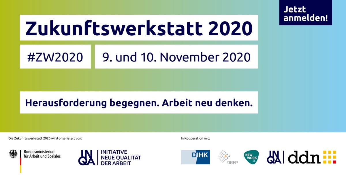 newwork's tweet photo. #ZW2020: Lernen, mitdiskutieren, gemeinsam Lösungen finden – für die Zukunft der Arbeit & die Herausforderungen durch Corona: Das ist die Zukunftswerkstatt 2020. Es gibt spannende Sessions vom @BMAS_Bund & INQA. Auch wir sind mit dabei!
Jetzt anmelden: https://t.co/zukRcxsG6n https://t.co/GVZTfkhGra