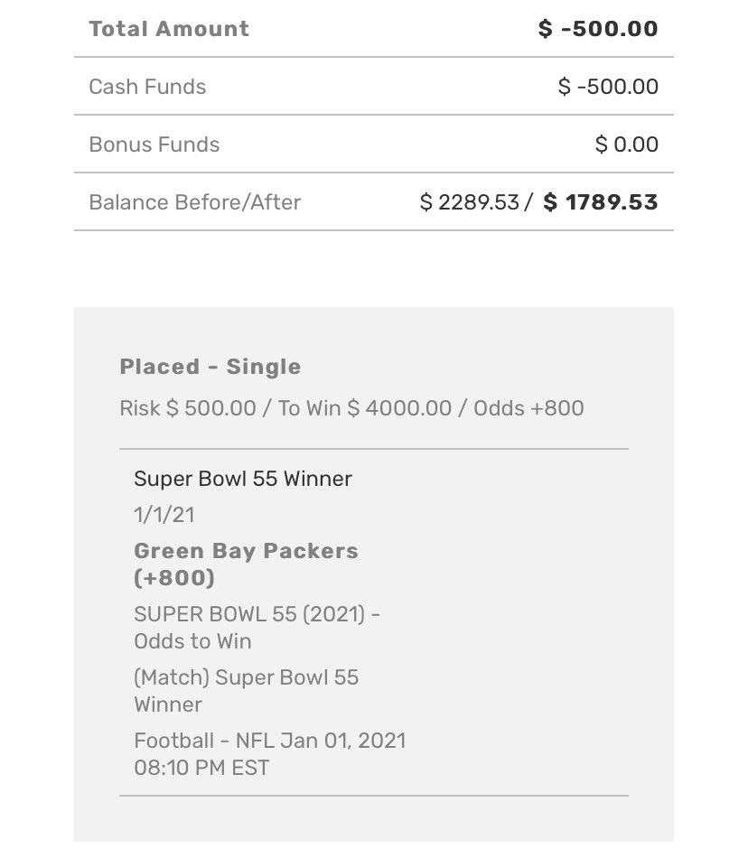These odds at +1000 will only get worse. I already have the Packers to win the Superbowl at +800 (pre-Bucs loss) but this number is incredible.The Seahawks and Bucs are short favorites this week. If either or both of them lose, this greatly benefits the Packers.