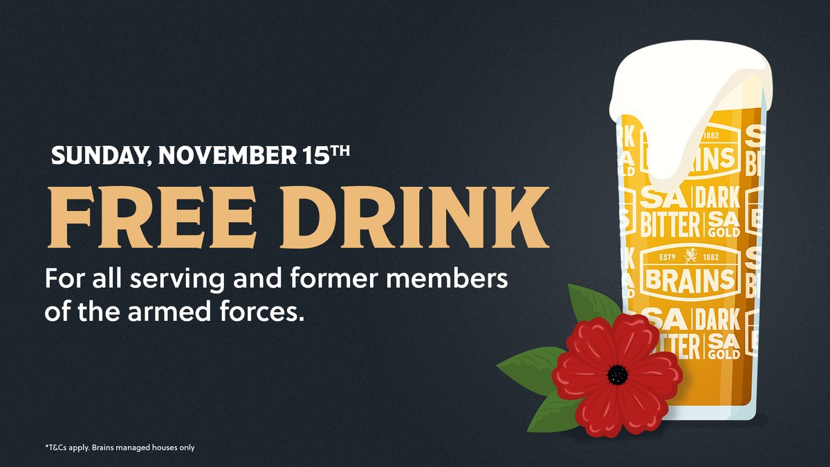 brainsbrewery's tweet photo. Today is #RemembranceSunday 

Sadly, we're closed this Sunday, but to honour members of the Armed Forces we will be welcoming any former or serving members to our pubs for a free drink on Sunday 15th November. 🍻

Find your local Brains 👉 https://t.co/ef477DOBCm https://t.co/BoPlz2Ac6E
