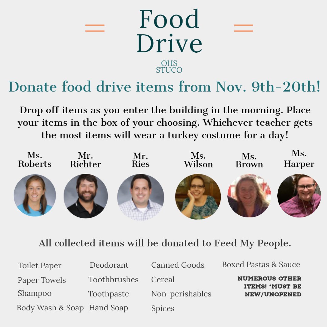 OHS_Tigers's tweet photo. Students can bring items in between Nov. 9th - 20th.  There will be bins near entrances for students to drop their items into on their way in the building.  Whichever teacher gets the most donations will be declared the "winner" and get the privilege of wearing a turkey costume! https://t.co/KIo77Ion5w