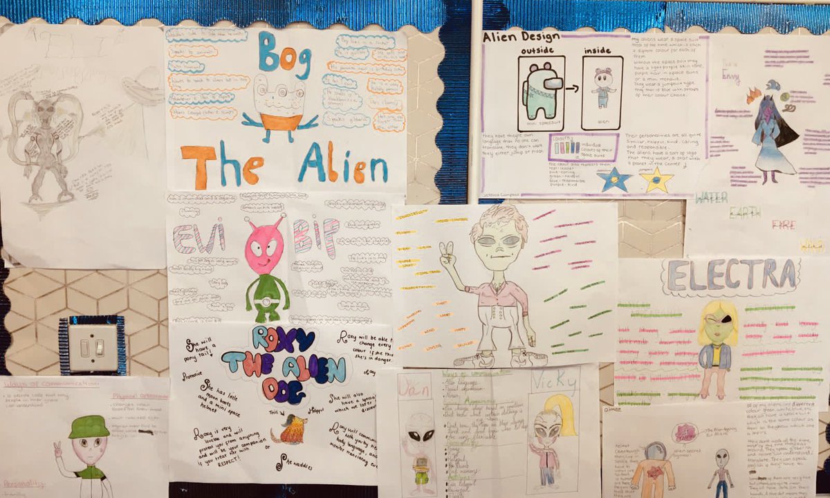 SMHSEnglishDept's tweet photo. Miss O’Hara’s class fully embraced #SpaceWeek2020. Look at their amazing alien creations! 👽 🤩 ⭐️ 💫 🌎 ✏️👏🏻❤️#creativity #literacy #talents #English https://t.co/0CHnaCg0Z0