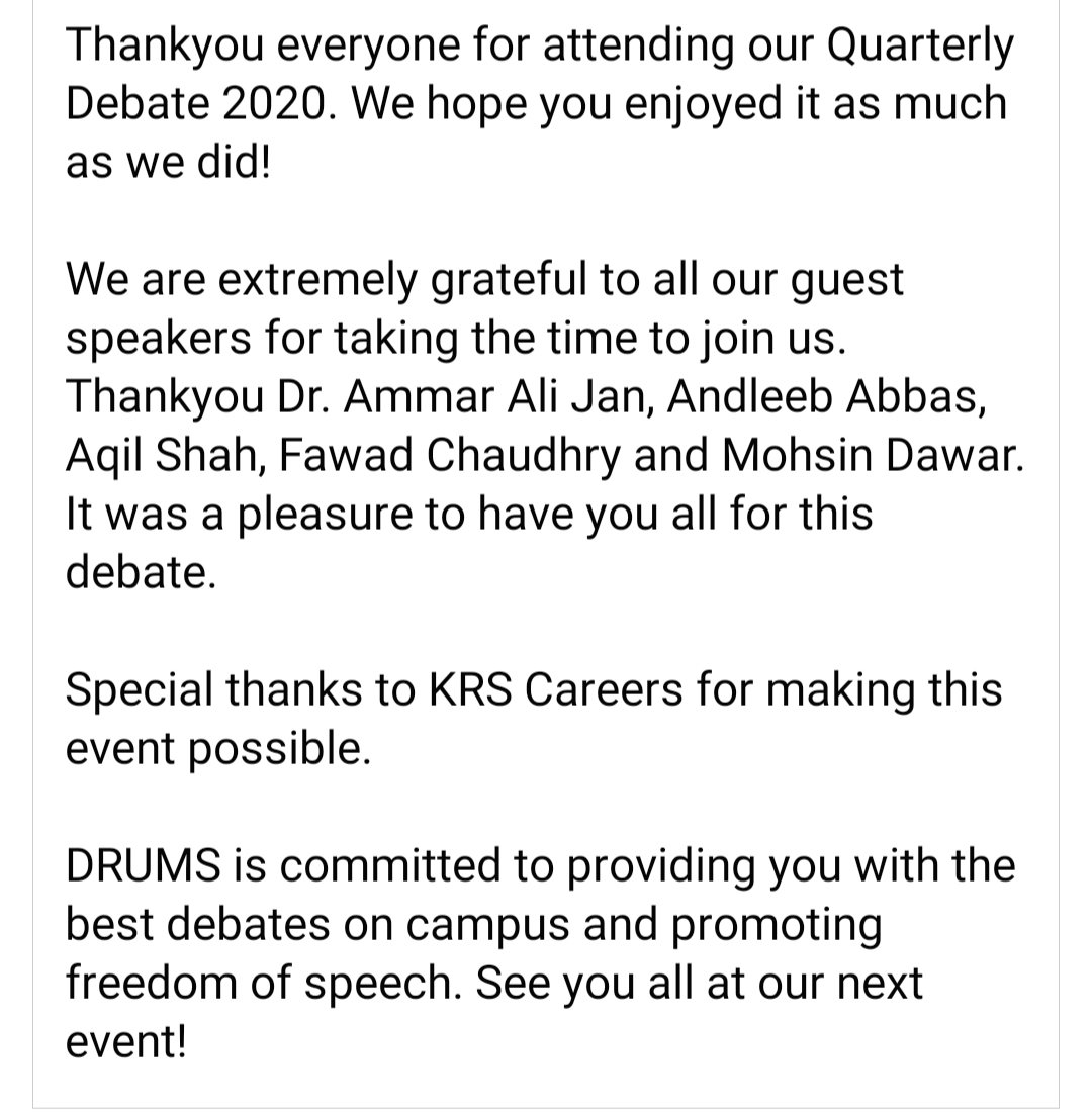 DebatesatLUMS's tweet photo. Our Quarterly Debate 2020 finally came to an end. Thankyou all for joining us! @ammaralijan @AqilShah_ @mjdawar @AndleebAbbas @fawadchaudhry https://t.co/JukDimIQ9D