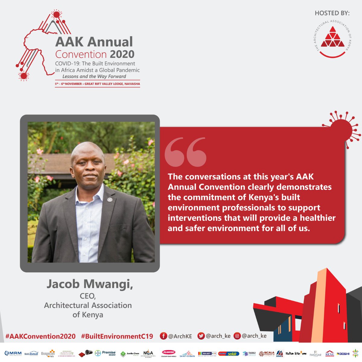 Arch_KE's tweet photo. "The conversations at this year's AAK Annual Convention clearly demonstrates the commitment of Kenya's built environment professionals to support interventions that will provide a healthier & safer environment for all of us". _ Jacob Mwangi
#AAKConvention2020
#BuiltenvironmentC19 https://t.co/FCBeuQfktY