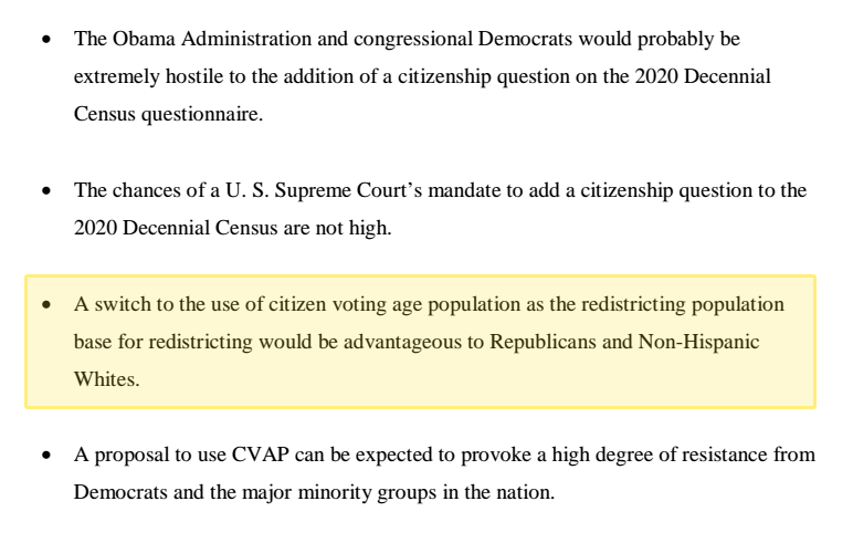 5. GOP strategist Thomas Hofeller pushed for redistricting based on eligible voters bc it "would be advantageous to Republicans & Non-Hispanic Whites." We learned this through the legal fight over Trump admin's failed push for a census citizenship question https://apps.npr.org/documents/document.html?id=6077735-May-30-2019-Exhibit#document/p55/a504021