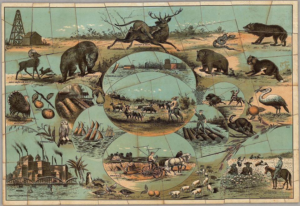 Milton Bradley Company, verso of their 'Dissected Outline Map of the United States of America', offset printing, 1880