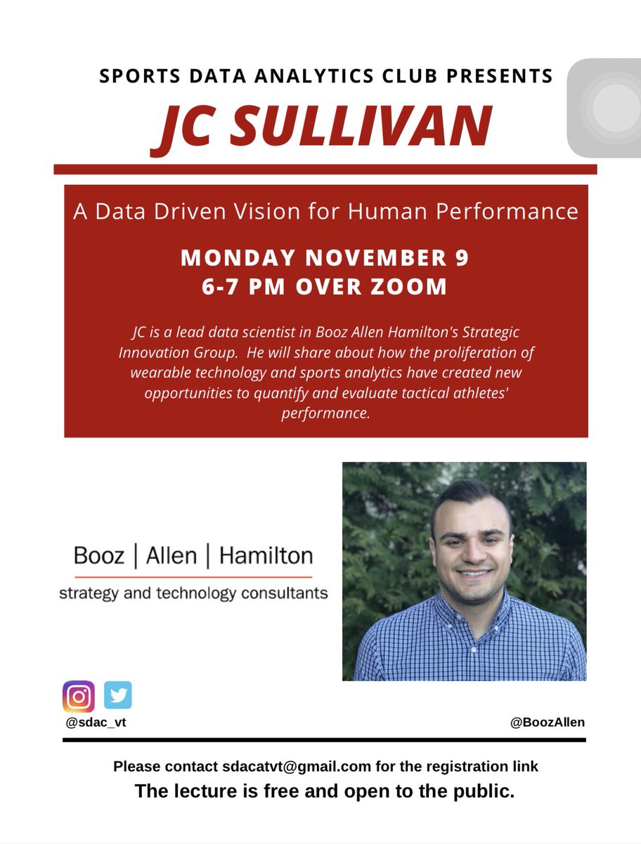 Hi Guys! Come join us on Monday (11/9) at 6PM for a presentation titled “A Data-Driven Vision for Human Performance” from JC Sullivan, a lead data scientist from Booze Allen Hamilton’s Strategic Innovation Group.
Make sure to register with the link below:

virginiatech.zoom.us/meeting/regist…