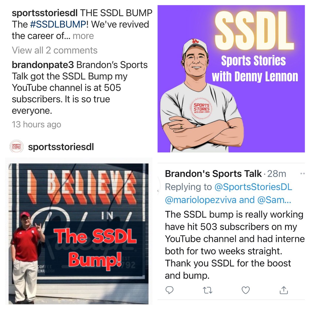 SportsStoriesDL's tweet photo. THE SSDL BUMP IS REAL!  @talk_brandon came on the #SSDL "Happy Hour" show Friday and he's felt the BUMP!  Watch the video and the interview from Friday "HH" show at:  https://t.co/vvcQOdMU0k  #SSDLBUMP https://t.co/cwXZvtAlBV