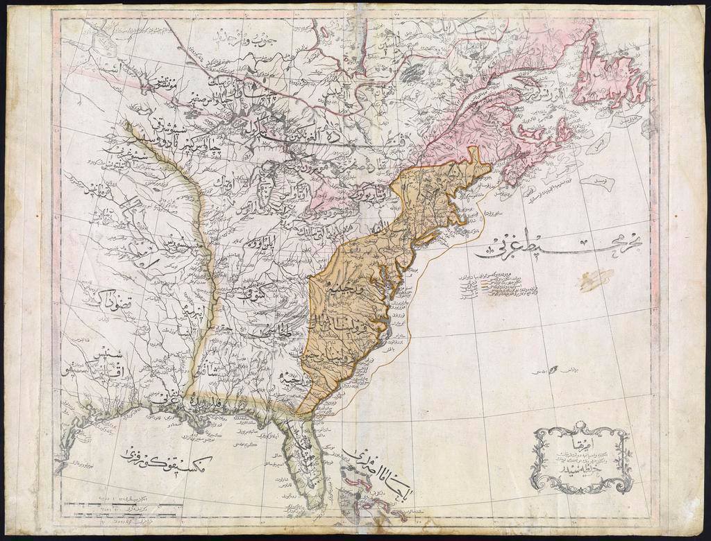 Ottoman map of the United States from 1803 with names of states and indigenous tribes
