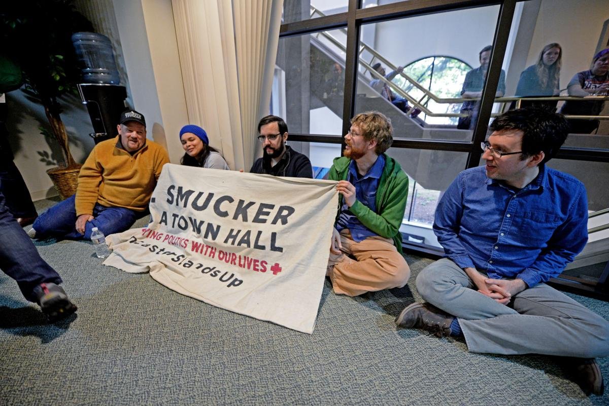 We began confronting our elected representatives wherever they went, especially  @RepSmucker, who studiously avoided having to face constituents face to face. We organized Lancaster's first ever sit-in at his office to stop the repeal of the Affordable Care Act.
