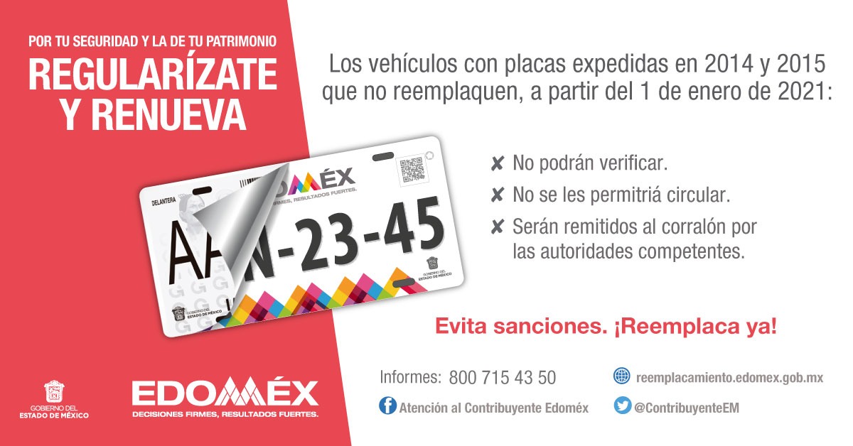 ContribuyenteEM's tweet photo. Los vehículos con placas expedidas en 2014 o 2015 que no reemplaquen, a partir del 1 de enero de 2021: No podrán circular y no podrán verificar. Evita sanciones. ¡Reemplaca ya! Hazlo en linea: https://t.co/UTTPlyoHJW https://t.co/LjD5NXdb2i